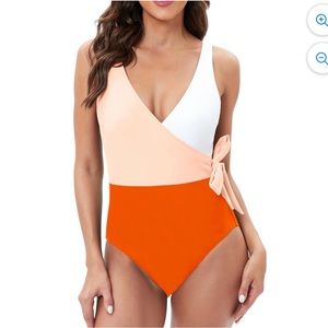 Orange White Colorblock One Piece V Neck Push Up Faux Wrap Tie Swim Suit New